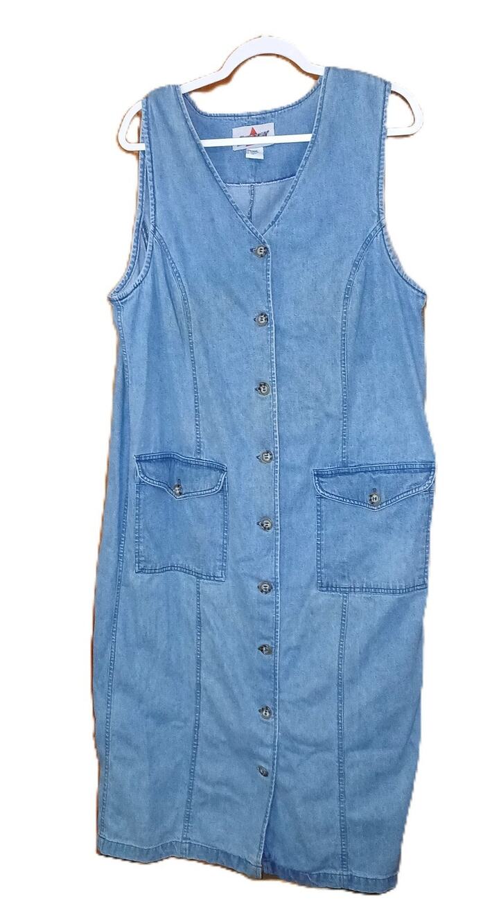 Vintage Truly Yours Washed Denim Dress/ Long/ Button Front w/Pockets/ 16W